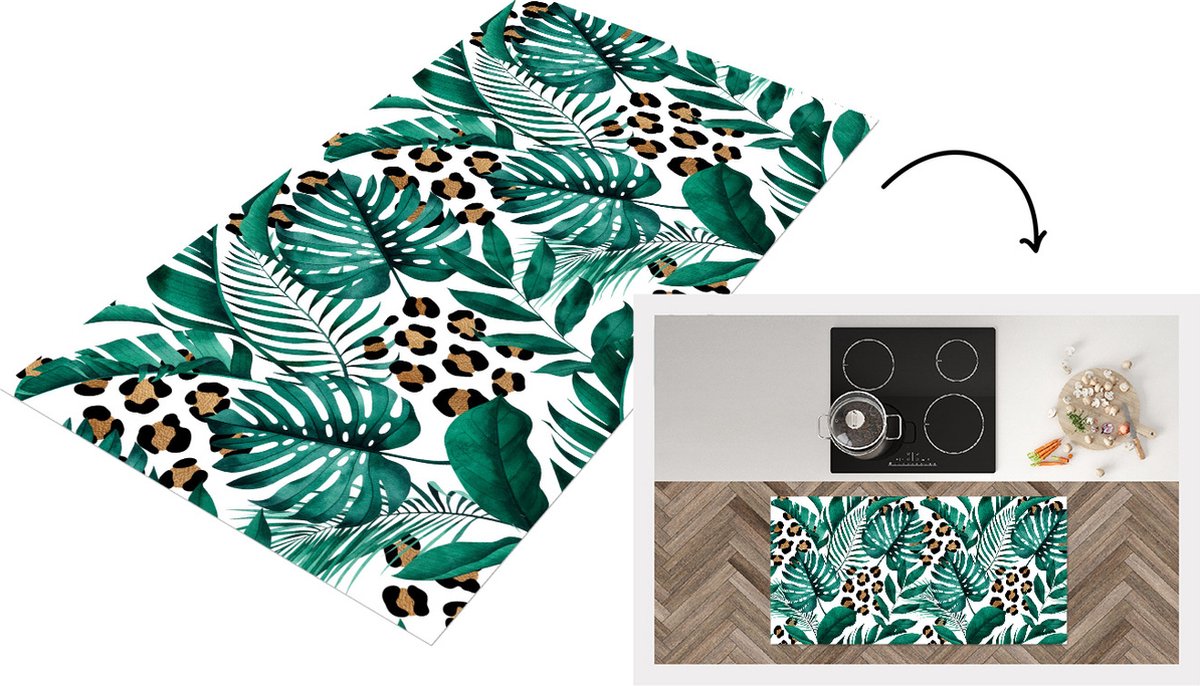 KitchenYeah Keukenloper - Loper keuken - Panterprint - Palmblad - Groen - 120x60 cm - Keukenloper vinyl Multicolor