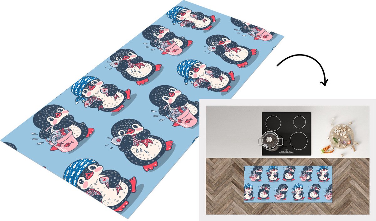 KitchenYeah Keukenloper - Loper keuken - Pinguïn - Design - Vis - 120x50 cm - Keukenloper vinyl Multicolor