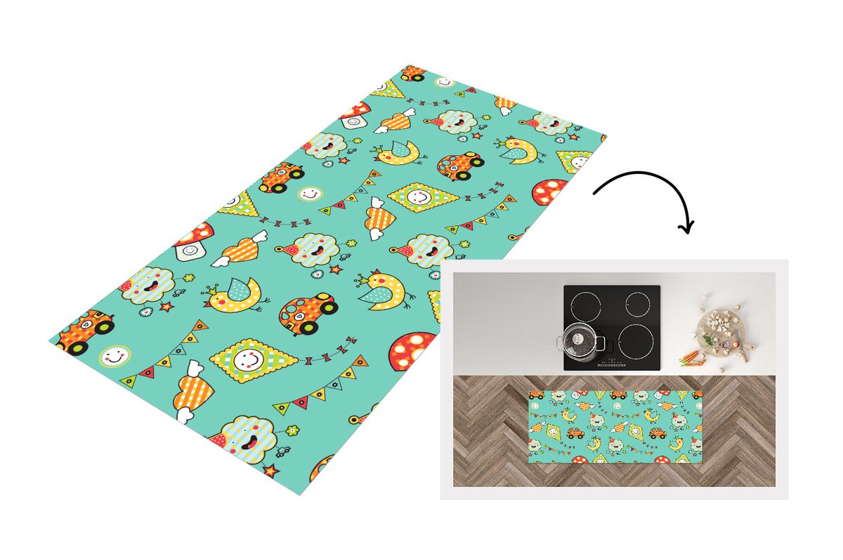 KitchenYeah Keukenloper - Loper keuken - Patroon - Kinderen - Auto - Vogel - 120x50 cm - Keukenloper vinyl Multicolor
