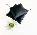 Twee effen zwarte fluwelen kussens, met de maten 45x45 cm en 60x60 cm, naast een plant.