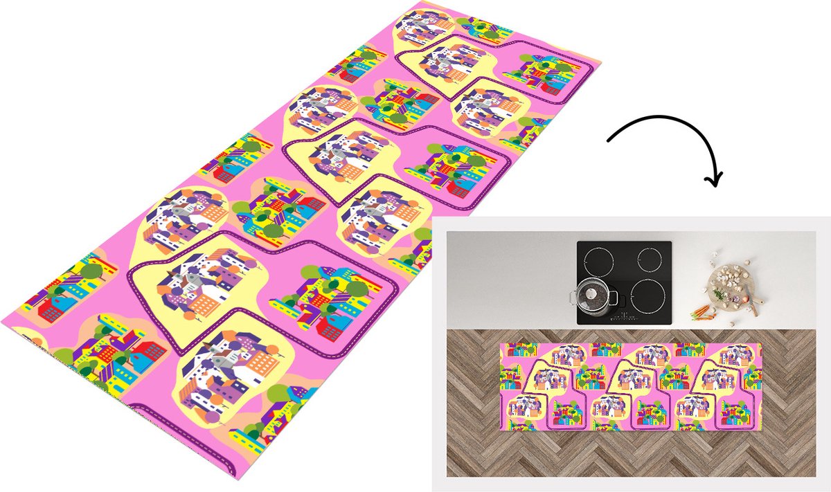 KitchenYeah Keukenloper - Loper keuken - Skyline - Patronen - Roze - Keukenloper vinyl, foto 4