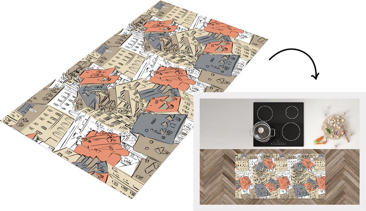 KitchenYeah Keukenloper - Loper keuken - Gebouw - Patronen - Steden - 120x60 cm - Keukenloper vinyl Multicolor