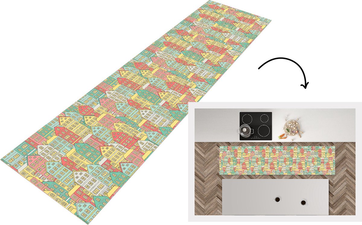 KitchenYeah Keukenloper - Loper keuken - Huis - Patronen - Pastel - 240x60 cm - Keukenloper vinyl Multicolor