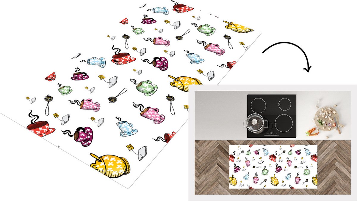 KitchenYeah Keukenloper - Loper keuken - Thee - Patronen - Kopjes - 120x60 cm - Keukenloper vinyl Multicolor