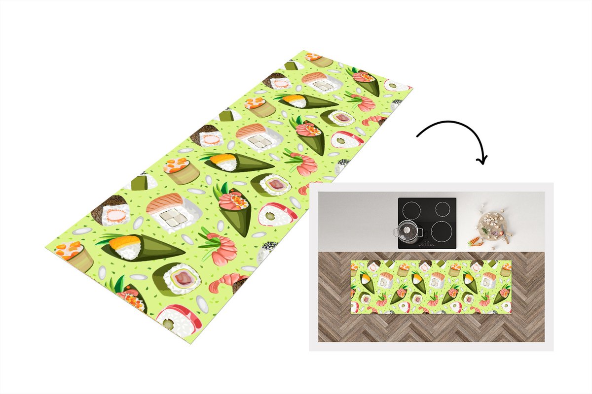 KitchenYeah Keukenloper - Loper keuken - Patronen - Sushi - Japan - Groen - 180x60 cm - Keukenloper vinyl Multicolor