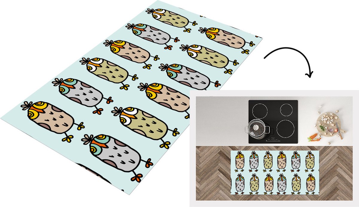 KitchenYeah Keukenloper - Loper keuken - Patronen - Uil - Blauw - 120x60 cm - Keukenloper vinyl Multicolor