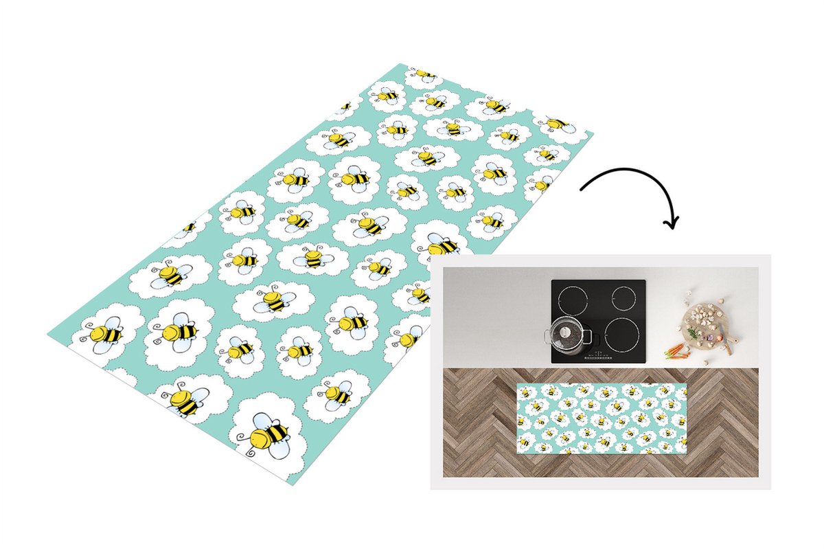 KitchenYeah Keukenloper - Loper keuken - Bij - Insecten - Patroon - Groen - 120x50 cm - Keukenloper vinyl Multicolor