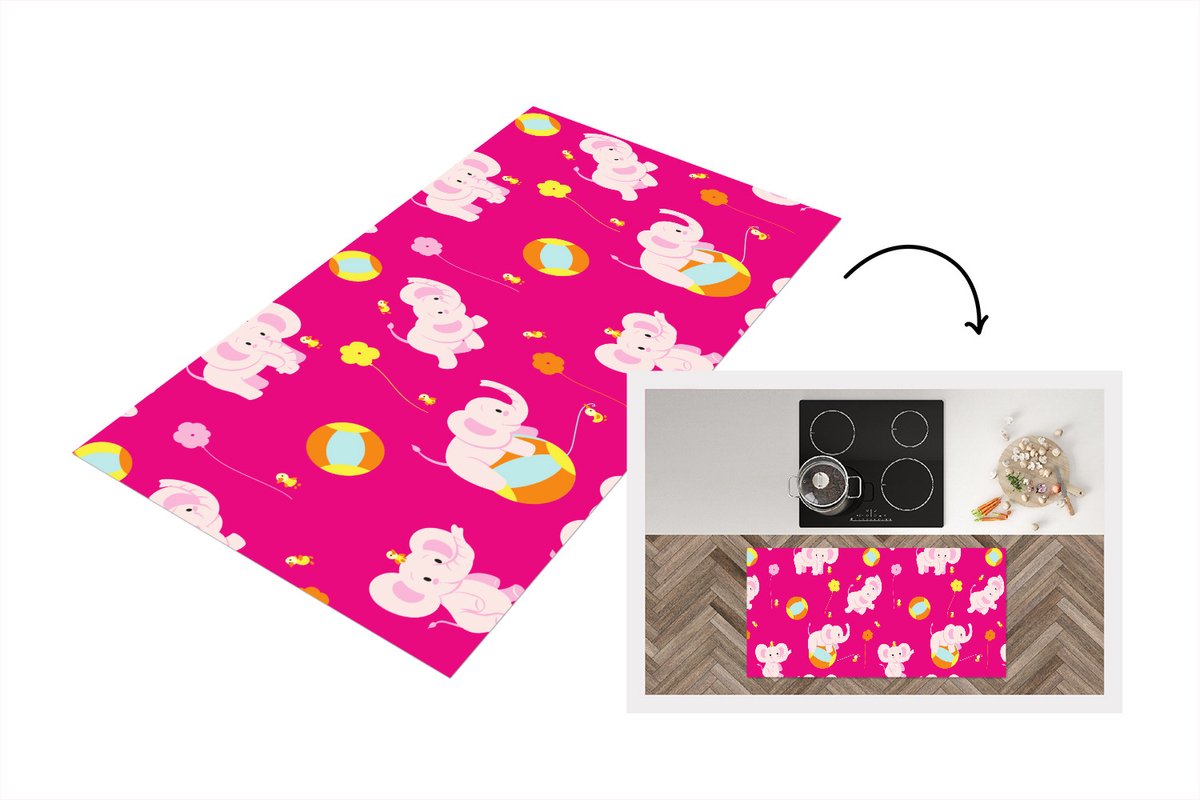 KitchenYeah Keukenloper - Loper keuken - Olifant - Bloemen - Patronen - 120x60 cm - Keukenloper vinyl Multicolor