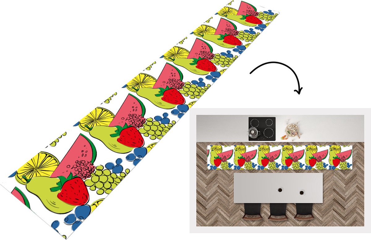 KitchenYeah Keukenloper - Loper keuken - Fruit - Cartoon - Patroon - 300x50 cm - Keukenloper vinyl Multicolor