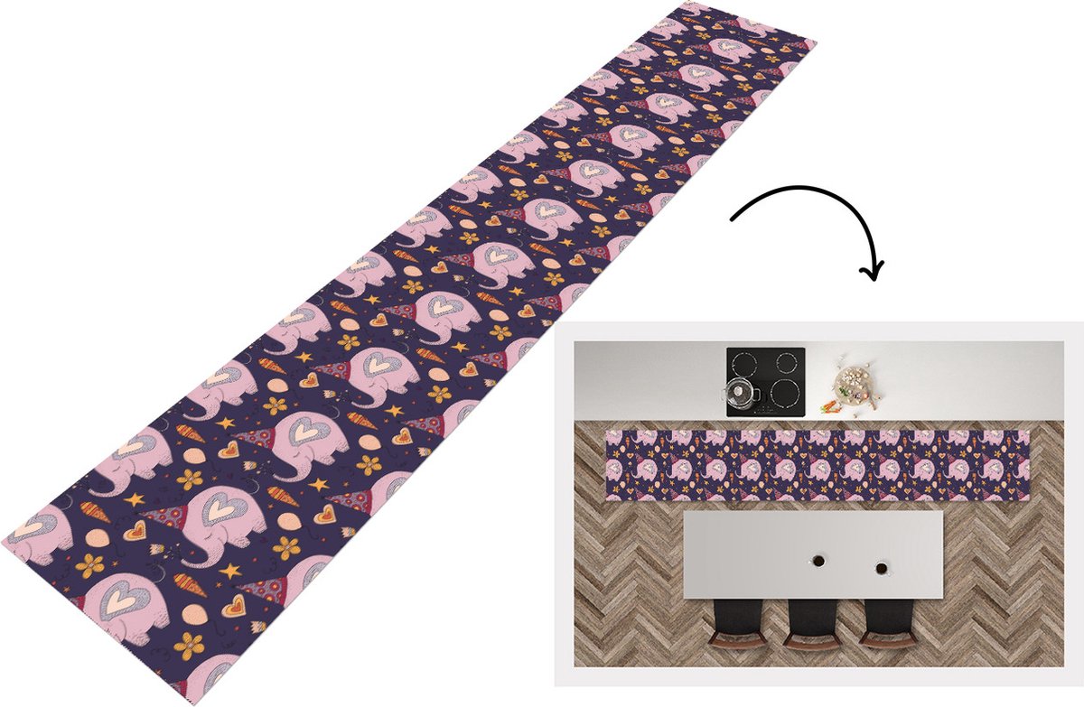 KitchenYeah Keukenloper - Loper keuken - Verjaardag - Olifant - Bloemen - Patronen - 300x50 cm - Keukenloper vinyl Multicolor