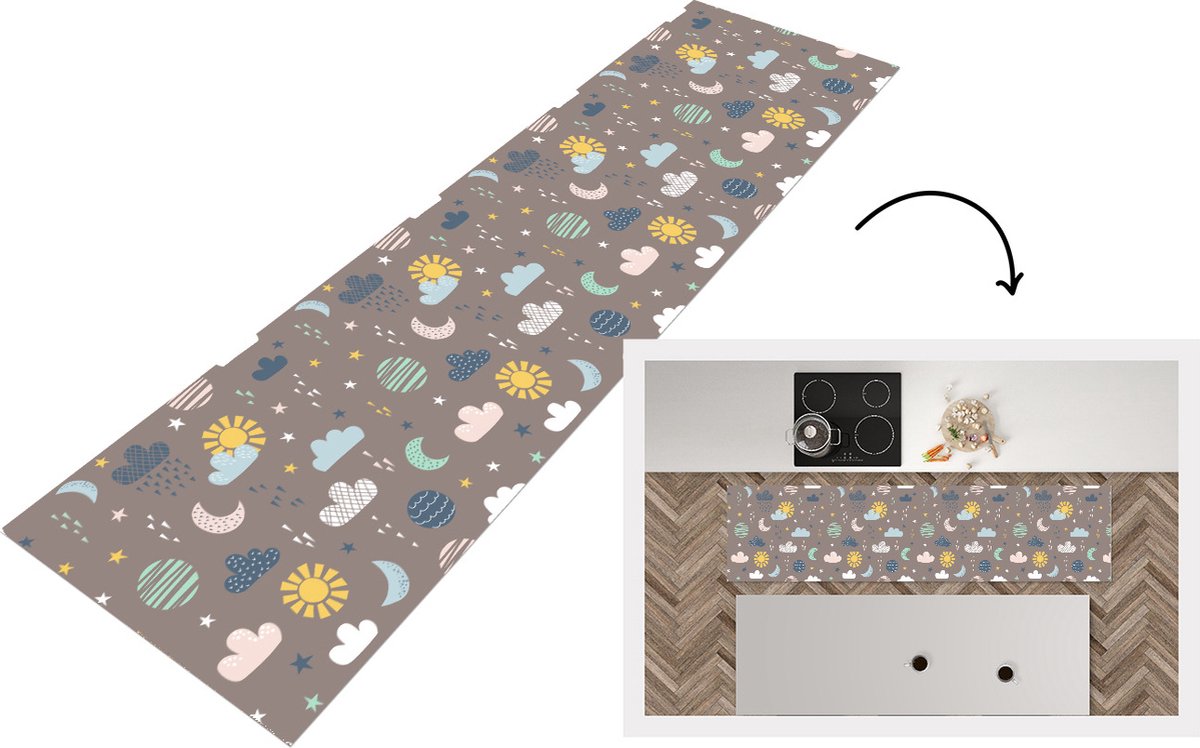 KitchenYeah Keukenloper - Loper keuken - Wolken - Zon - Design - 200x50 cm - Keukenloper vinyl Multicolor