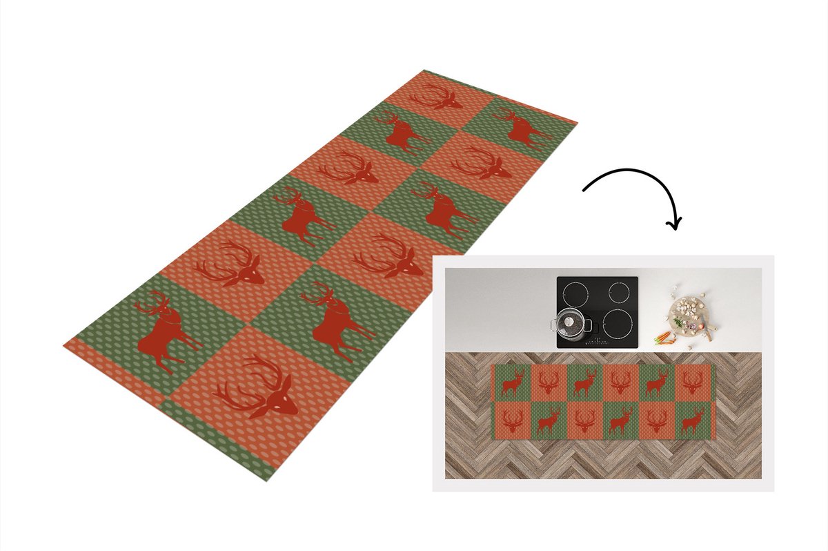KitchenYeah Keukenloper - Loper keuken - Patroon - Hert - Groen - Rood - 180x60 cm - Keukenloper vinyl Multicolor
