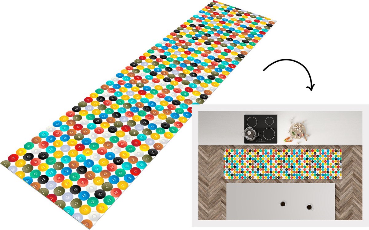 KitchenYeah Keukenloper - Loper keuken - Knopen - Regenboog - Kleding - Design - Keukenloper vinyl multicolor, foto 6