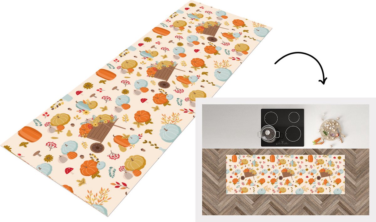 KitchenYeah Keukenloper - Loper keuken - Pompoen - Paddelstoelen - Bloemen - Patronen - 180x60 cm - Keukenloper vinyl Multicolor