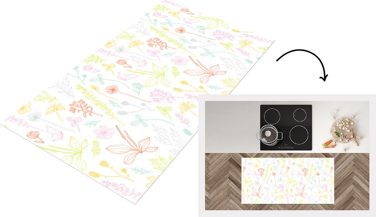 KitchenYeah Keukenloper - Loper keuken - Planten - Patronen - Tuin - Contour - Pastel - 120x60 cm - Keukenloper vinyl Multicolor