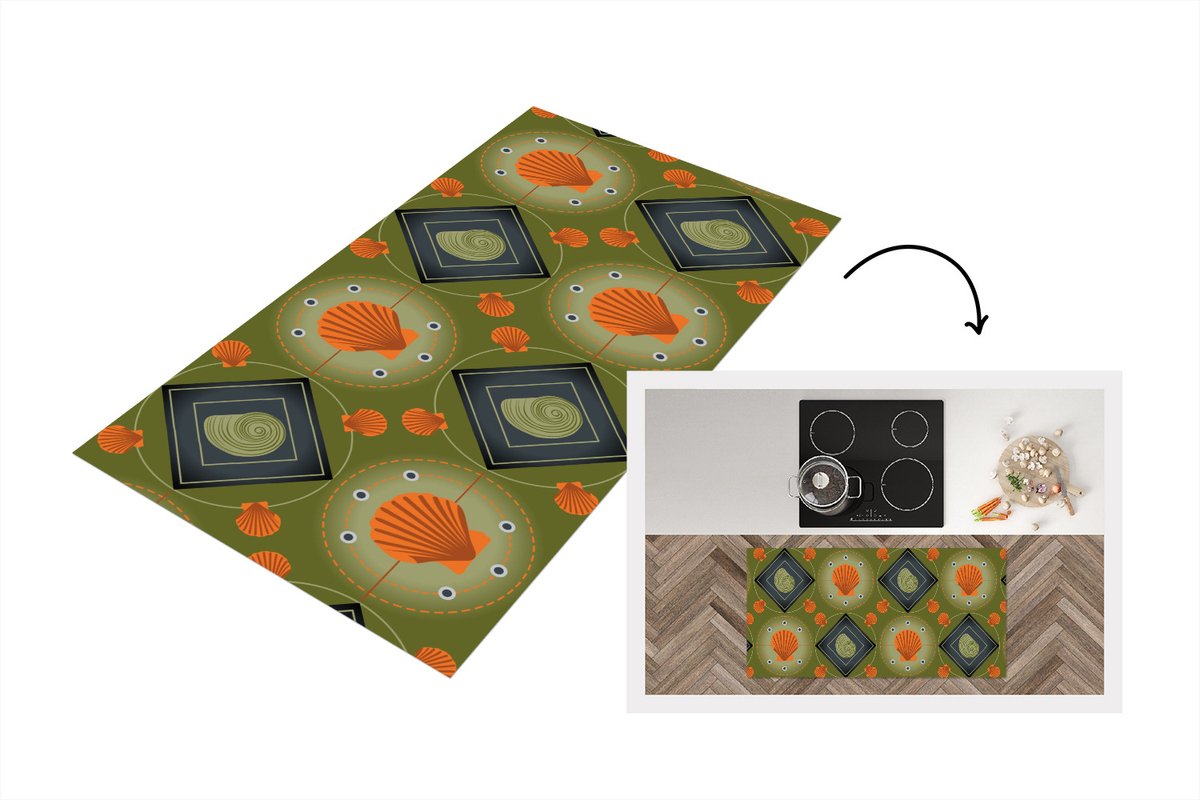 KitchenYeah Keukenloper - Loper keuken - Patchwork - Schelpen - Patronen - Zee - Strand - 120x60 cm - Keukenloper vinyl Multicolor