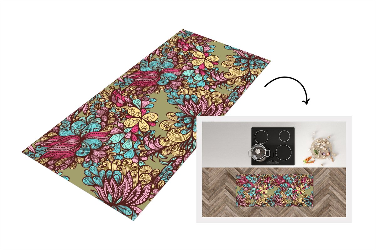 KitchenYeah Keukenloper - Loper keuken - Patroon - Bladeren - Abstract - 120x50 cm - Keukenloper vinyl Multicolor