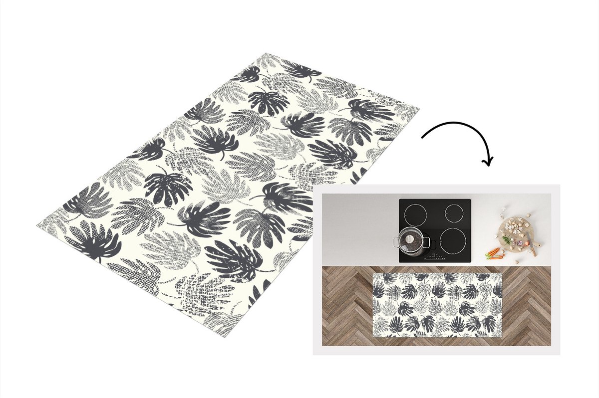 KitchenYeah Keukenloper - Loper keuken - Monstera - Zwart Wit - Patronen - Vintage - 120x60 cm - Keukenloper vinyl Zwart; Wit