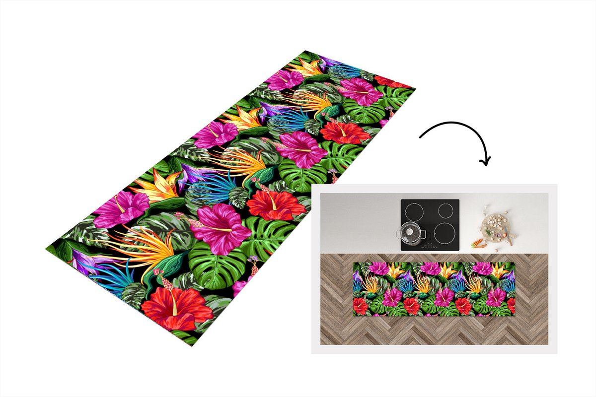 KitchenYeah Keukenloper - Loper keuken - Tropisch - Patronen - Bloemen - Monstera - 180x60 cm - Keukenloper vinyl Multicolor