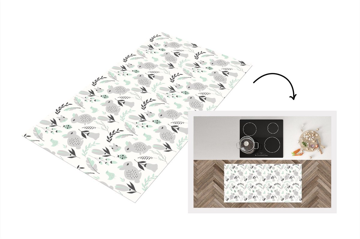 KitchenYeah Keukenloper - Loper keuken - Konijnen - Patronen - Lente - 120x60 cm - Keukenloper vinyl Multicolor