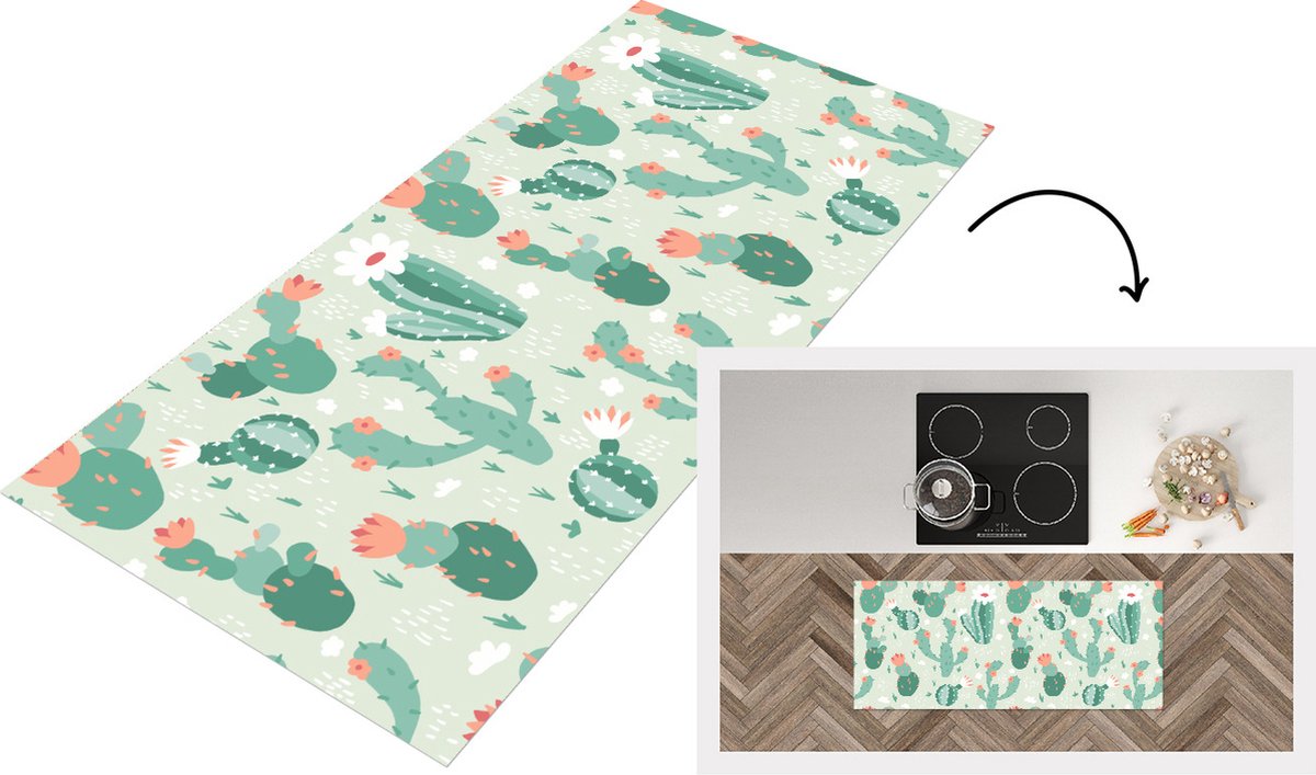 KitchenYeah Keukenloper - Loper keuken - Cactus - Patronen - Bloem - 120x50 cm - Keukenloper vinyl Multicolor