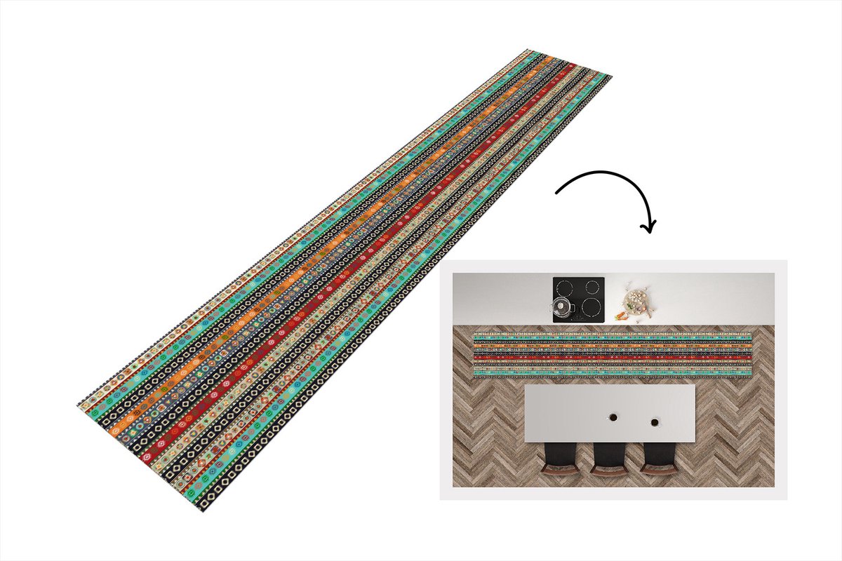 KitchenYeah Keukenloper - Loper keuken - Patroon - Azteken - Symbolen - Regenboog - 300x50 cm - Keukenloper vinyl Multicolor