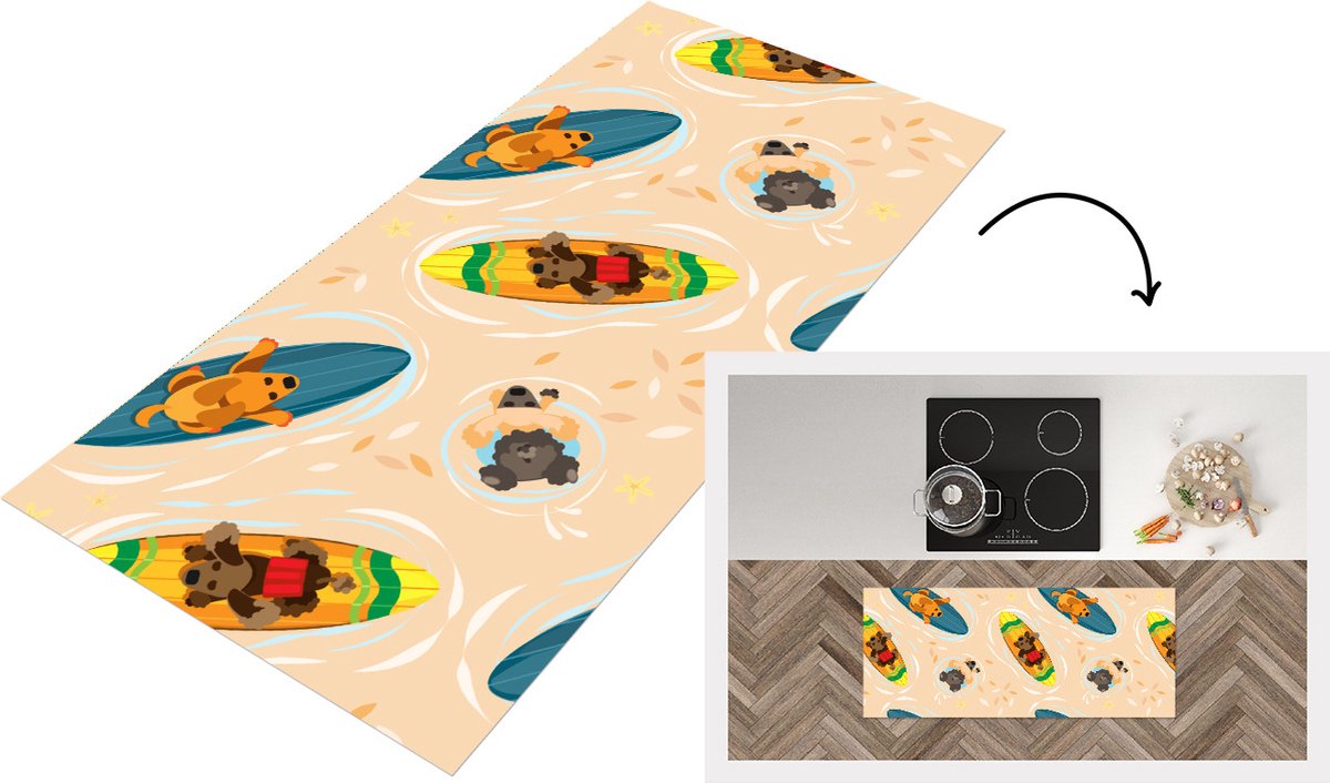 KitchenYeah Keukenloper - Loper keuken - Honden - Surfen - Patroon - 120x50 cm - Keukenloper vinyl Multicolor