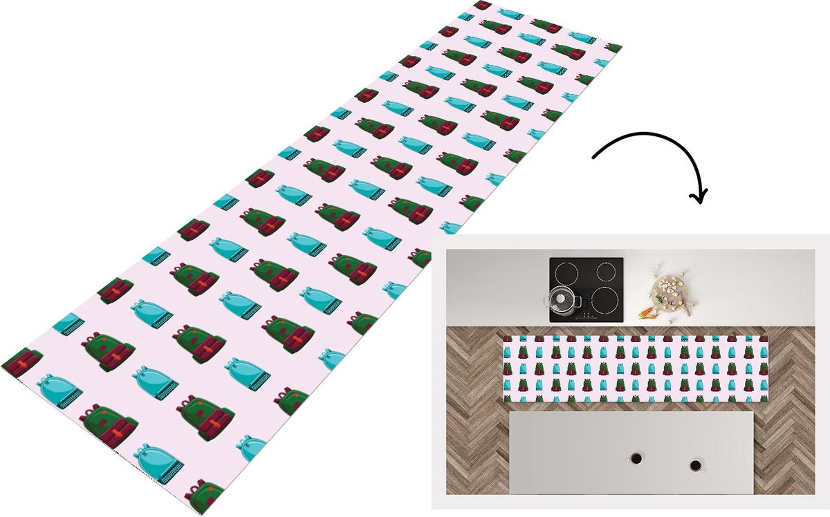 KitchenYeah Keukenloper - Loper keuken - Rugzak - Patronen - Retro - Pastel - 200x50 cm - Keukenloper vinyl Multicolor