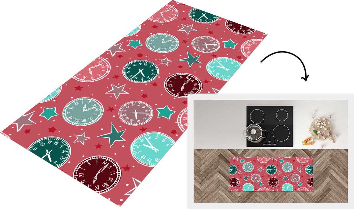 Keukenloper - Loper keuken - Klok - Roze - Patronen - Sterren - 120x50 cm - Keukenloper vi