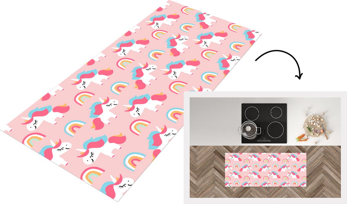KitchenYeah Keukenloper - Loper keuken - Unicorn - Regenboog - Roze - Patroon - 120x50 cm - Keukenloper vinyl Multicolor