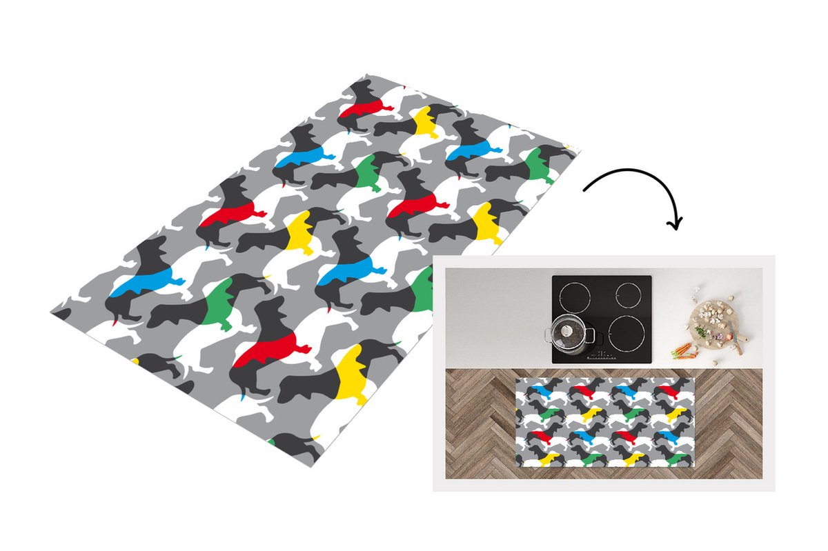 KitchenYeah Keukenloper - Loper keuken - Honden - Teckel - Patronen - 120x60 cm - Keukenloper vinyl Multicolor