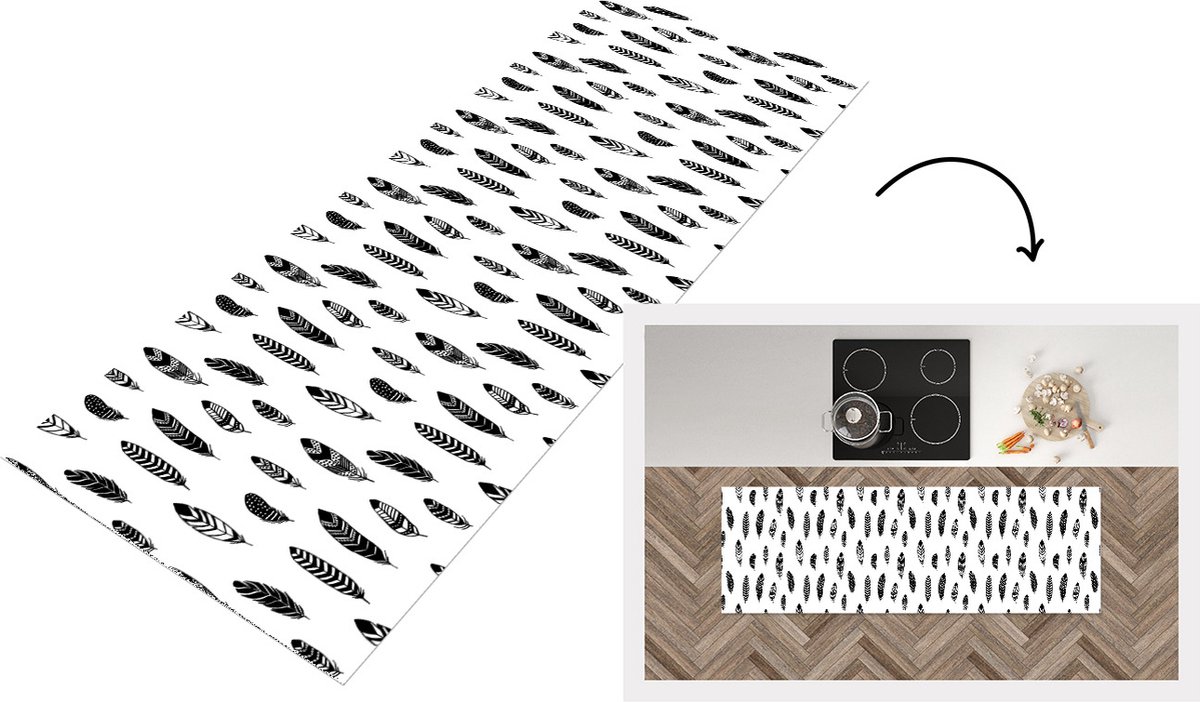 KitchenYeah Keukenloper - Loper keuken - Veren - Zwart Wit - Patroon - Vogel - 150x50 cm - Keukenloper vinyl Zwart; Wit