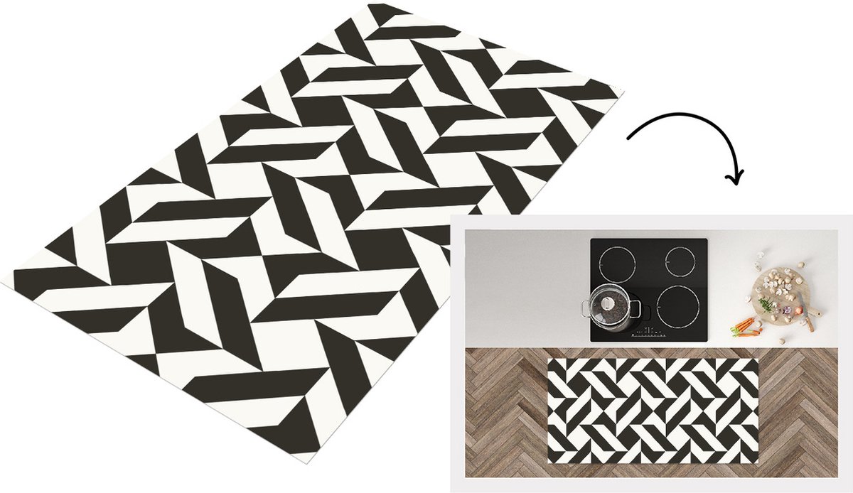 KitchenYeah Keukenloper - Loper keuken - Zwart - Wit - Geometrische vormen - Patronen - 120x60 cm - Keukenloper vinyl Multicolor