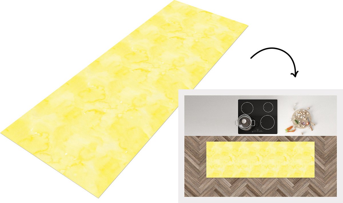 KitchenYeah Keukenloper - Loper keuken - Patronen - Waterverf - Geel - Marmer - 300x50 cm - Keukenloper vinyl, foto 6