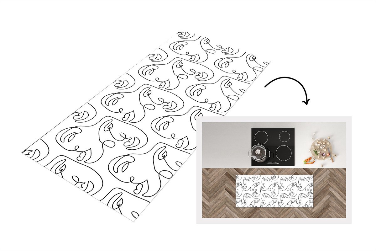 KitchenYeah Keukenloper - Loper keuken - Line Art - Patronen - Zwart Wit - Keukenloper vinyl Zwart; Wit