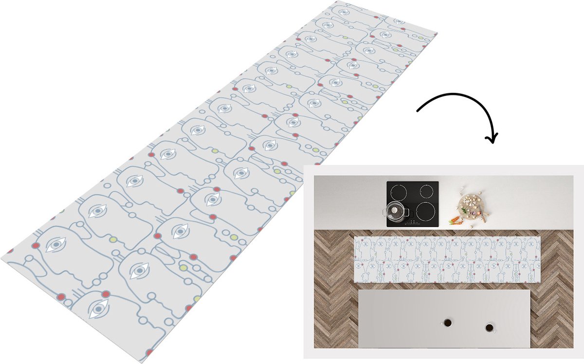 KitchenYeah Keukenloper - Loper keuken - Line Art - Gezicht - Patroon - 240x60 cm - Keukenloper vinyl Multicolor