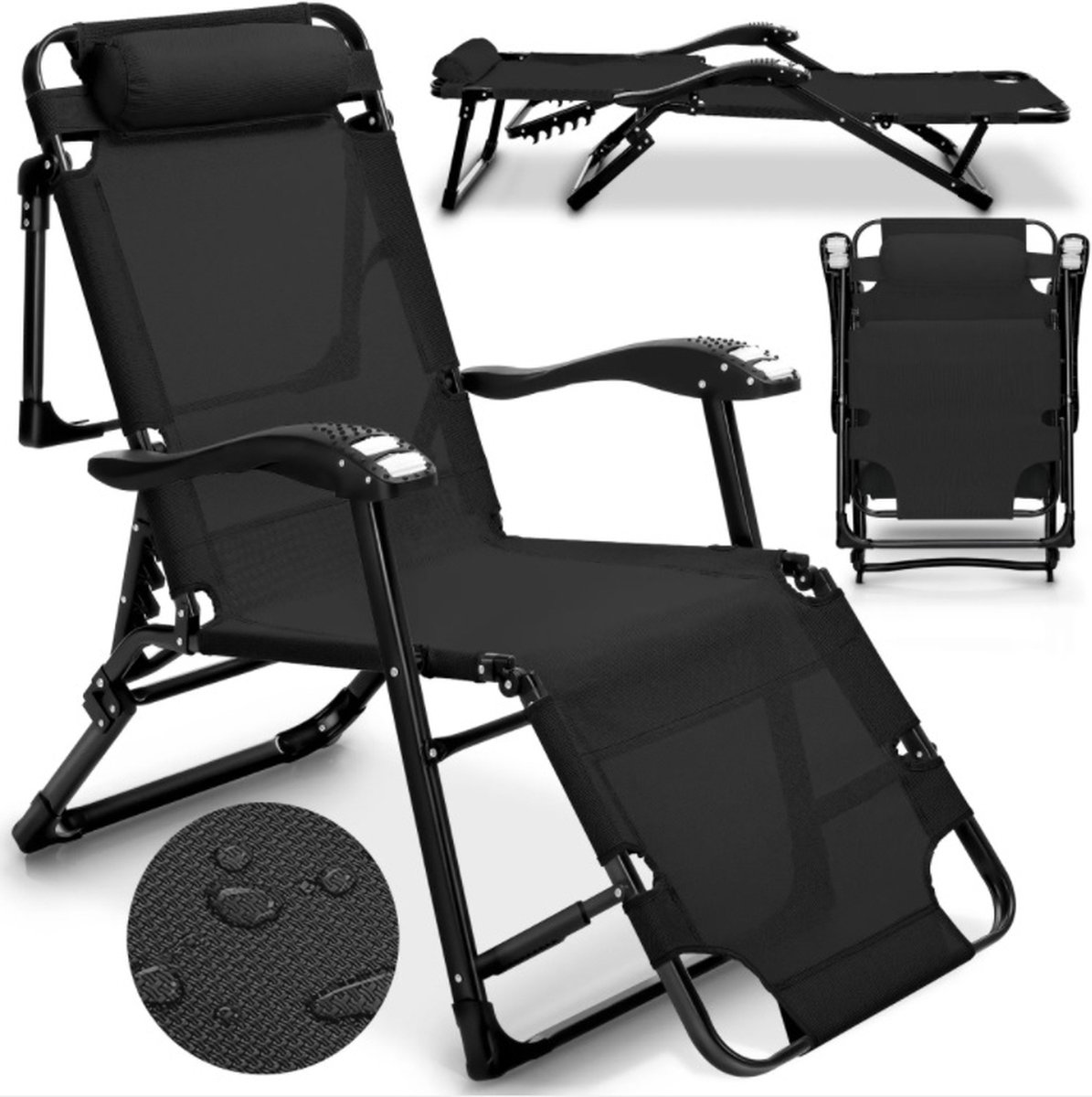 Tillvex- Inklapbare ligstoel met hoofdkussen, Zwart, met verstelbare rugleuning en armleuning