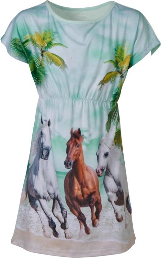 Meisjes jurk korte mouwen paarden print - aqua groen | Maat 116/ 6Y |  bol.com
