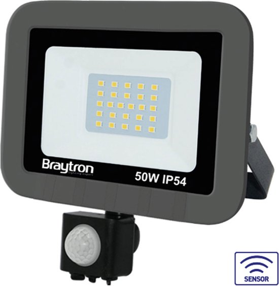 Braytron LED Buitenlamp  Schijnwerper  Breedstraler Floodlight - Met Bewegingssensor , Met Dag en Nacht Sensor-Grijs  -Waterdicht IP54 -50W -6500K Koel wit licht