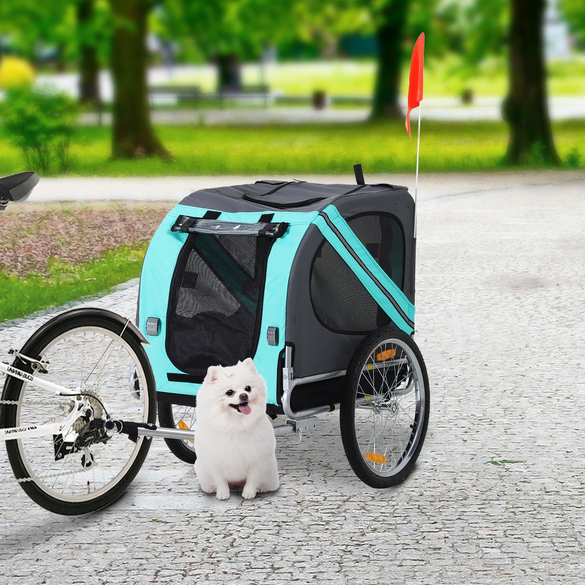 PawHut fietsaanhanger hondenkar all-terrain weerbestendig Oxford-stof stalen frame veiligheidsriem voor huisdieren tot 36 kg 145 x 80 x 80 cm grijs blauw
