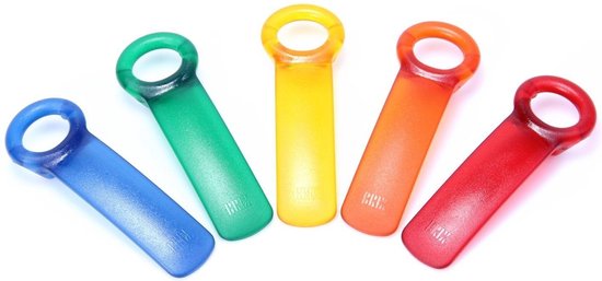 Vijf potopeners in blauw, groen, geel, oranje en rood, op een witte achtergrond.
