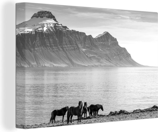 Canvas Schilderij Close-up van IJslander paarden aan een meer - zwart wit - 120x80 cm - Wanddecoratie