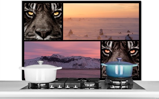 Spatscherm keuken 100x65 cm - Kookplaat achterwand Tijger - Collage - Natuur - Zonsondergang - Muurbeschermer - Spatwand fornuis - Hoogwaardig aluminium