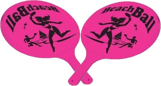 Foto: Kunststof beachball set roze strand balletjes rackets batjes en bal tennis ballenspel