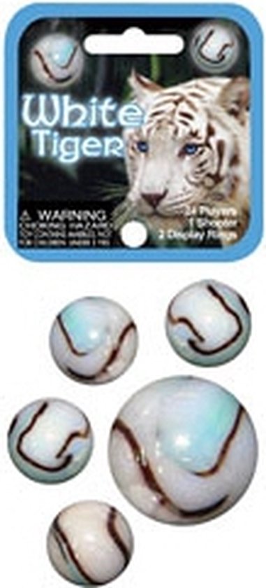 84x stuks witte tijger kleintje glazen knikkers met 4x een bonk - buitenspeelgoed - knikkeren