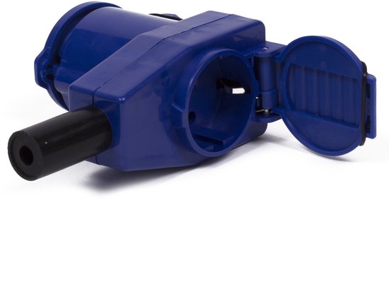 Blauwe haakse connector met een zwarte stekker. De klep van de connector is geopend.