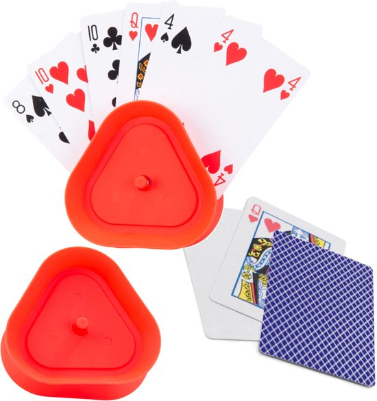 Thumbnail van een extra afbeelding van het spel 2x Speelkaartenhouders - inclusief 54 speelkaarten blauw geruit - kunststof - 8,6 x 8,6 x 2,6 cm - Kaarthouders