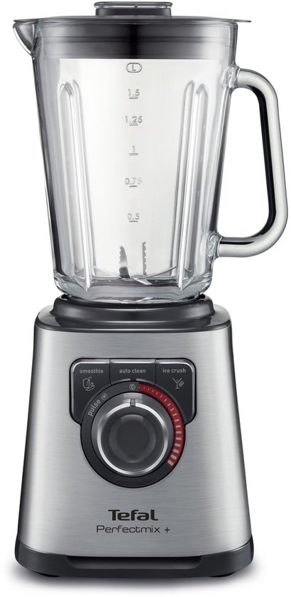 Tefal Perfectmix+ blender in geborsteld RVS met glazen kan en bedieningspaneel.