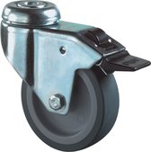 Kelfort Zwenkwiel met boutgat, grijs rubber wiel met glijlager + rem 40kg 50mm