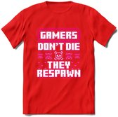 Gamers don't die pixel T-shirt | Neon Roze | Gaming kleding | Grappig game verjaardag cadeau shirt Heren – Dames – Unisex | - Rood - XXL